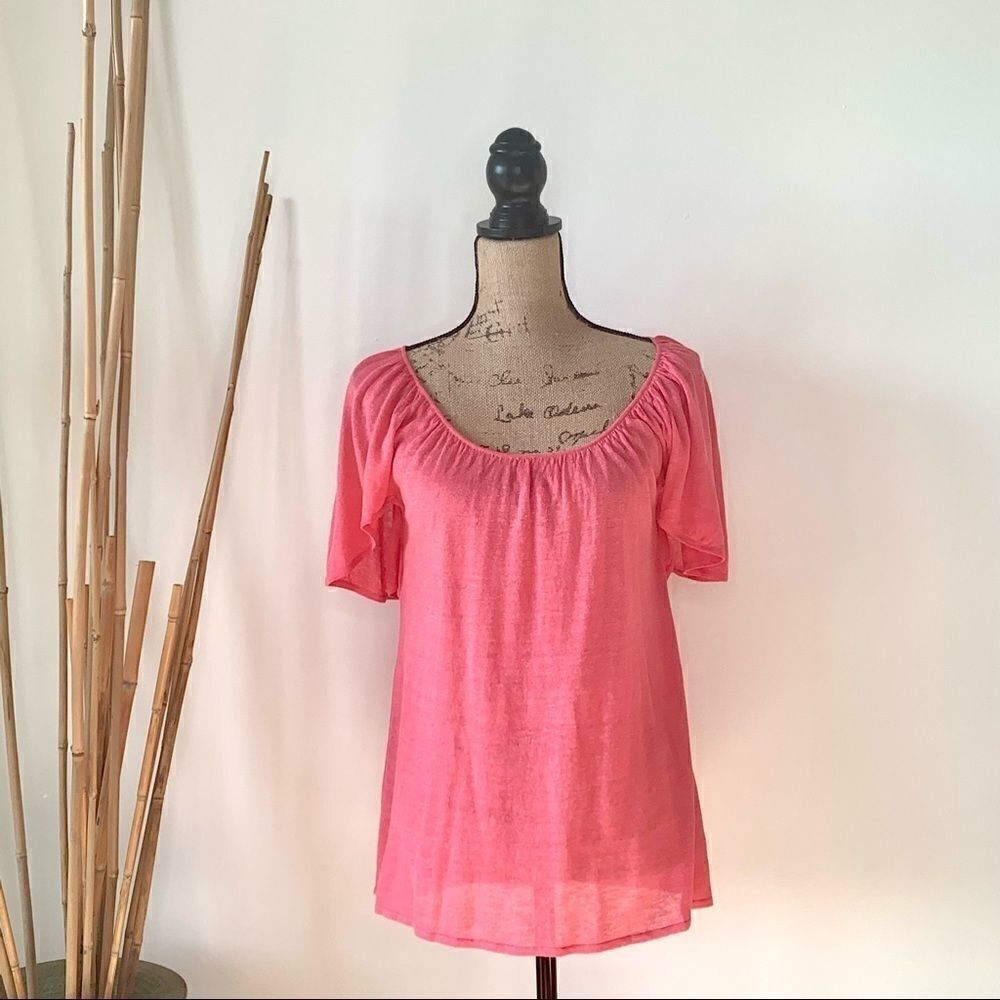 Ann Taylor Pink Linen Blend Flutter Sleeve Top